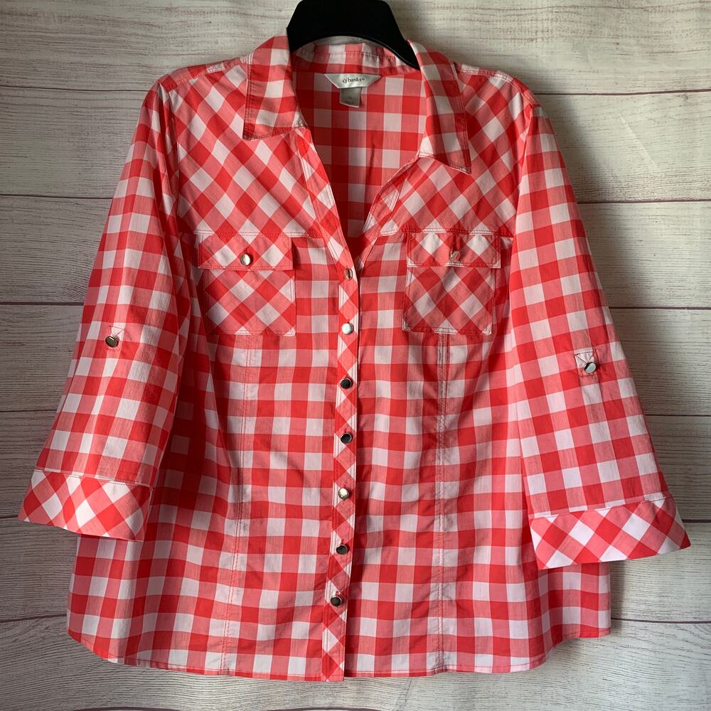 CJ Banks Red and White Gingham Button Up Shirt 3/4 Sleeves Size 1X